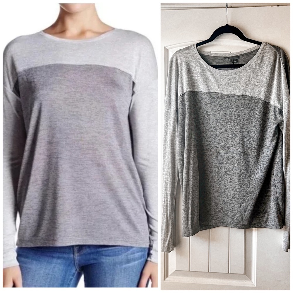 Vince Grey Color Block Metallic Silk Long Sleeve Top Large